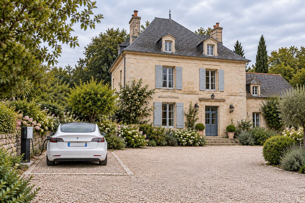 Maison de pierre, Tesla blanche branchée sur une borne au bord du parking.