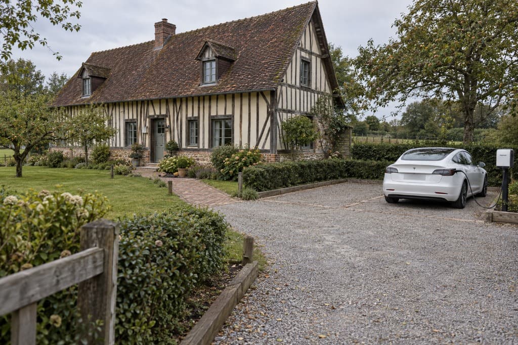 Longère normande à colombages, Tesla blanche en charge sur l’allée de gravier.