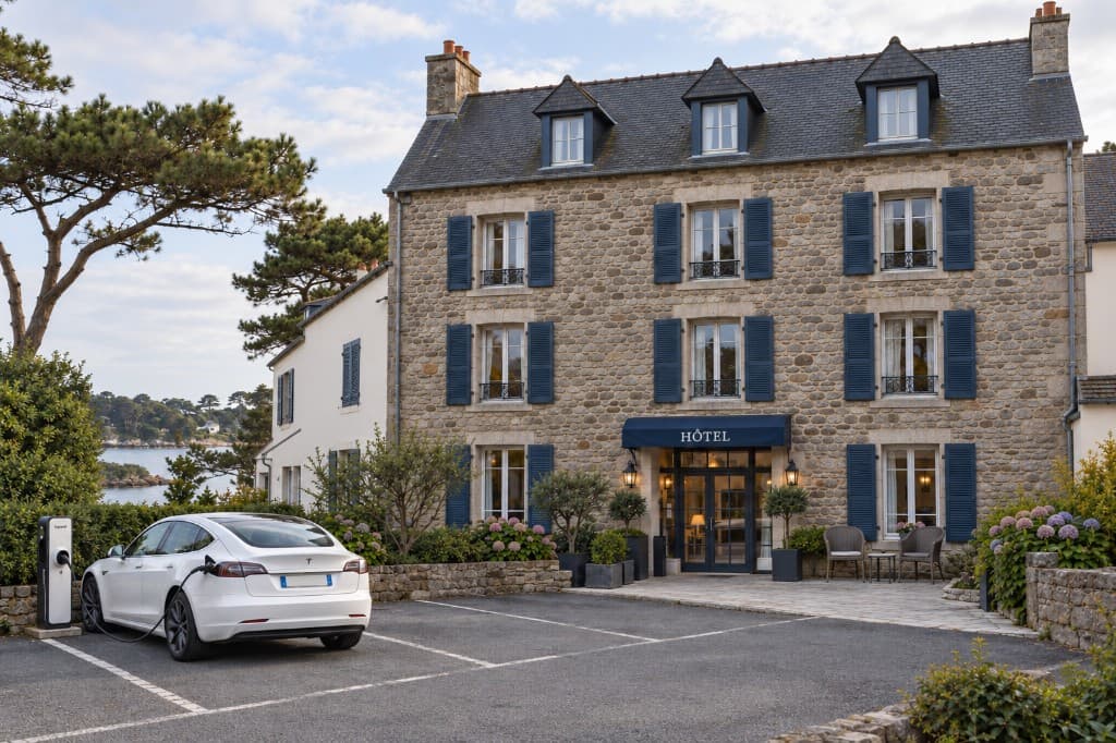 Hôtel breton, Tesla blanche branchée sur une borne au bord du parking.